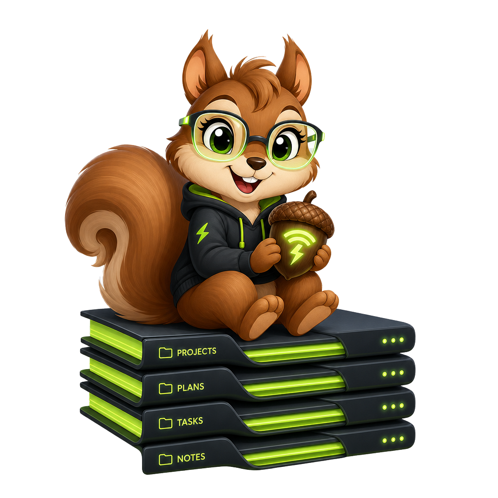 StashTab squirrel mascot sitting on glowing folders and holding a smart acorn
